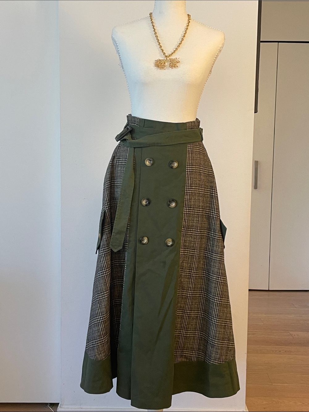 Olive Green Plaid Panel Midi Skirt - VINTAGE AMERI